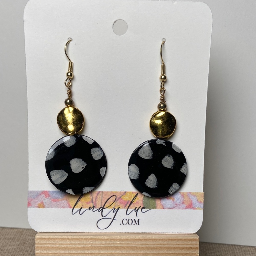 Black and White Polka Dot and Gold Dangle Earrings